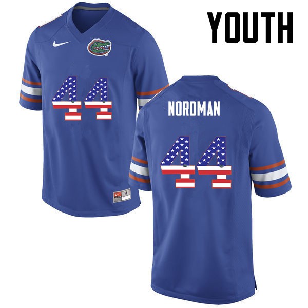 Florida Gators Youth #44 Tucker Nordman College Football Jersey USA Flag Fashion Blue